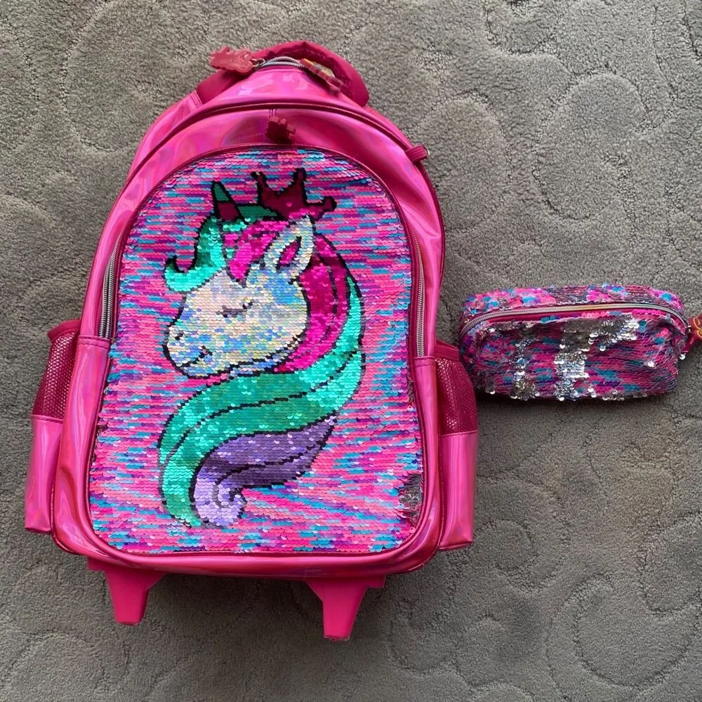 Jasminestar Rolling Backpack 17” girls unicorn flipable & lunchbox, Pencil Case
